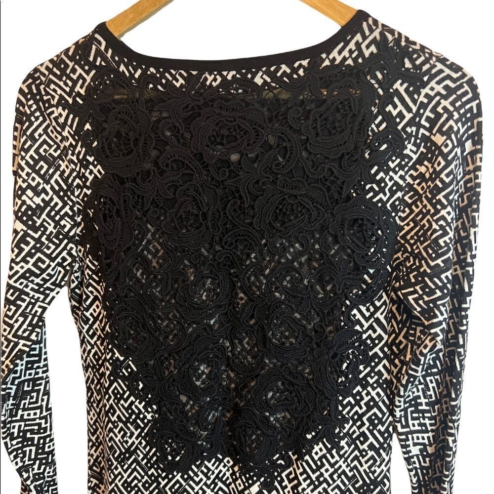 LEao GUY Black & White Patterned Sheer Lace Panel Back Fitted Sweater Dress 3 - Picture 4 of 8